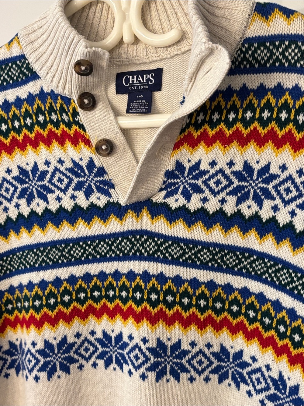 CHAPS Men’s L Fair Isle Nordic Sweater 100% Cotton Quarter Button Cream